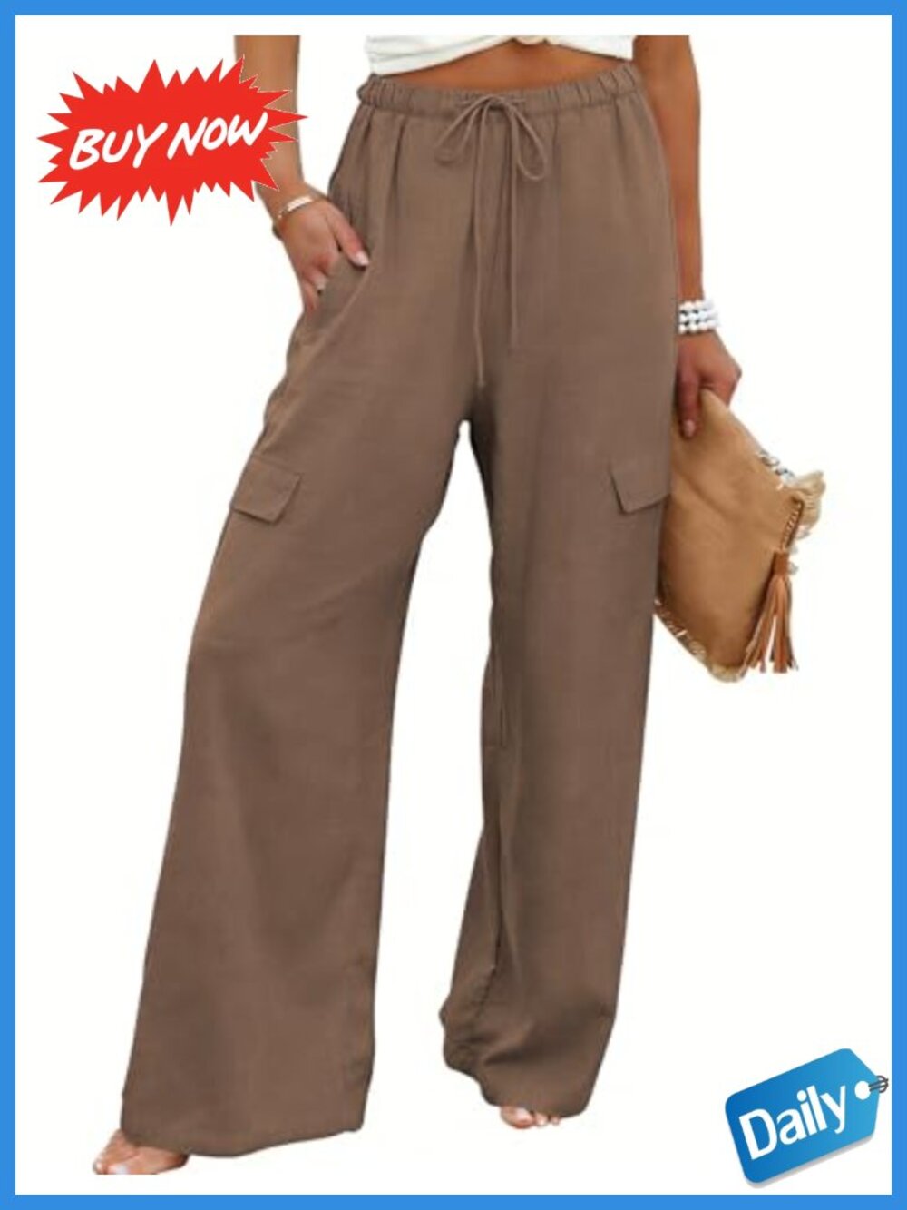 Womens Baggy Cotton Linen Wide Leg Lounge Pants Drawstring High Waist